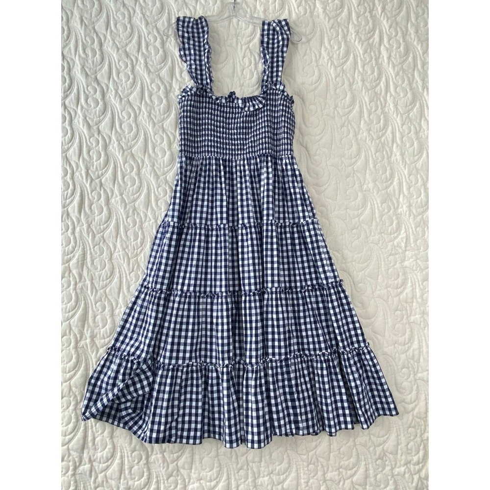 J.Crew Gingham Tiered Smocked Dress Navy Blue Womens Small Ruffle Straps Cotton